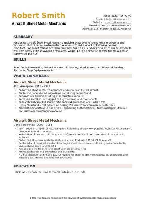 aircraft sheet metal mechanic resume example|Aircraft Sheet Metal Mechanic Resume Examples & Samples for .